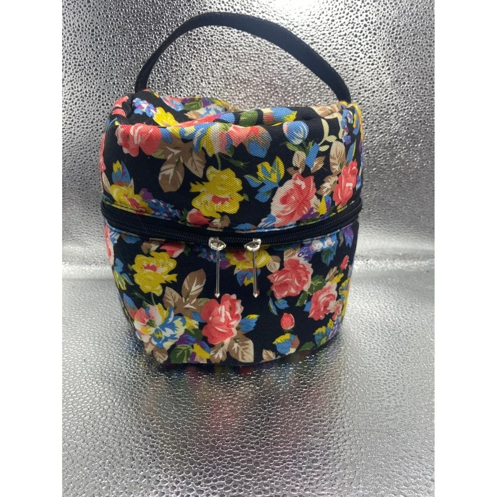 Floral Canvas Train Case Cosmetic Makeup Bag Black Multi Color Travel Organizer